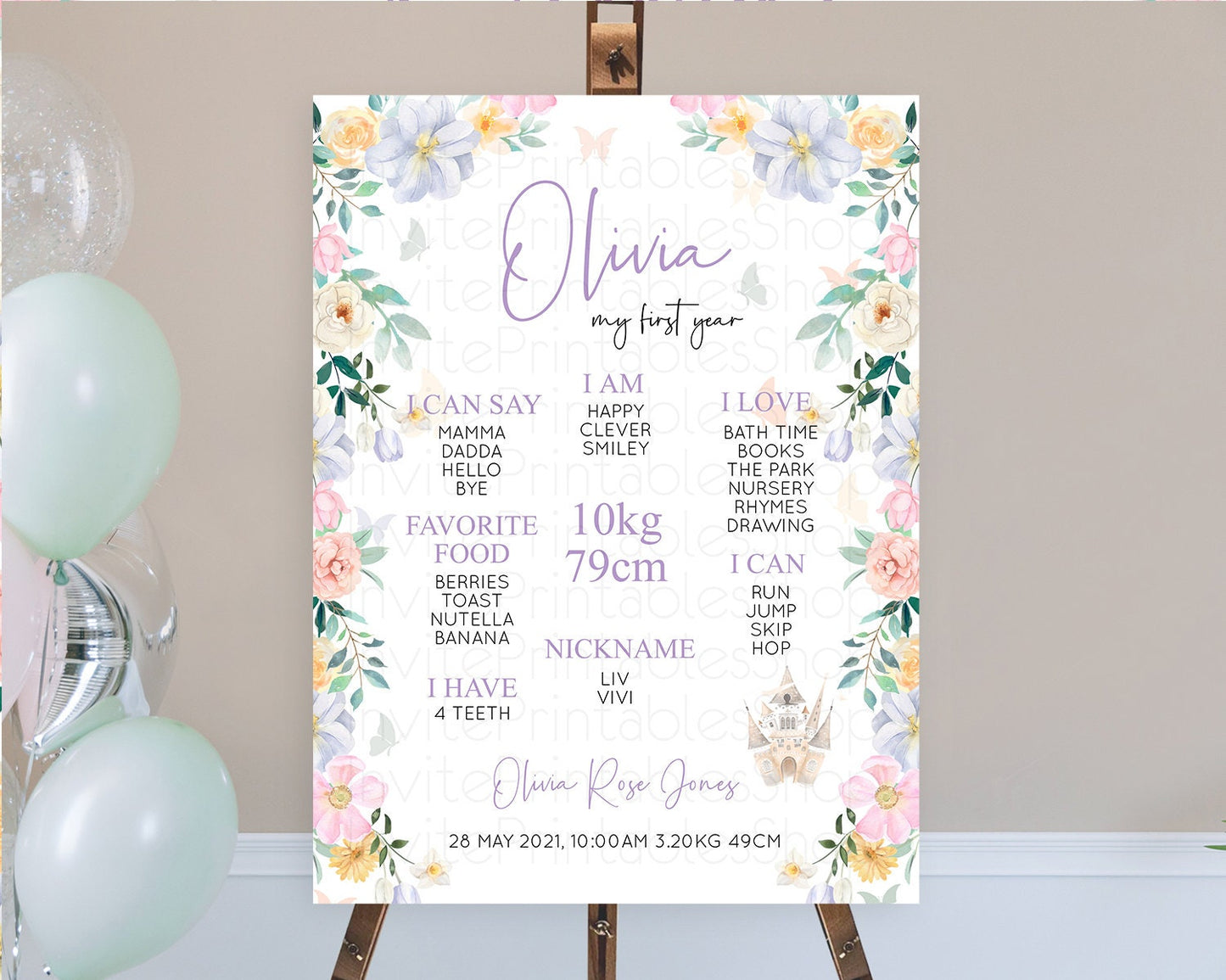 Princess First Birthday Milestone Poster Castle Milestone Board Secret Garden Enchanted Castle Pastel Floral Garden First Birthday D10473