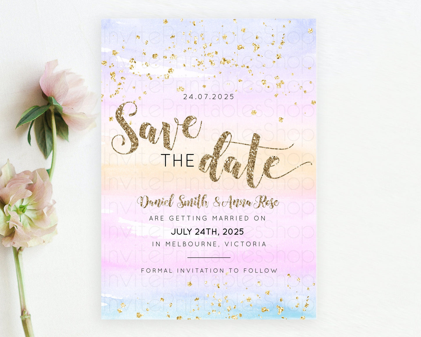 Pastel Save The Date Template Pastel Ombre Rainbow Watercolor Colorful Party For Birthday Baptism Baby Shower Wedding Bridal Shower D10595