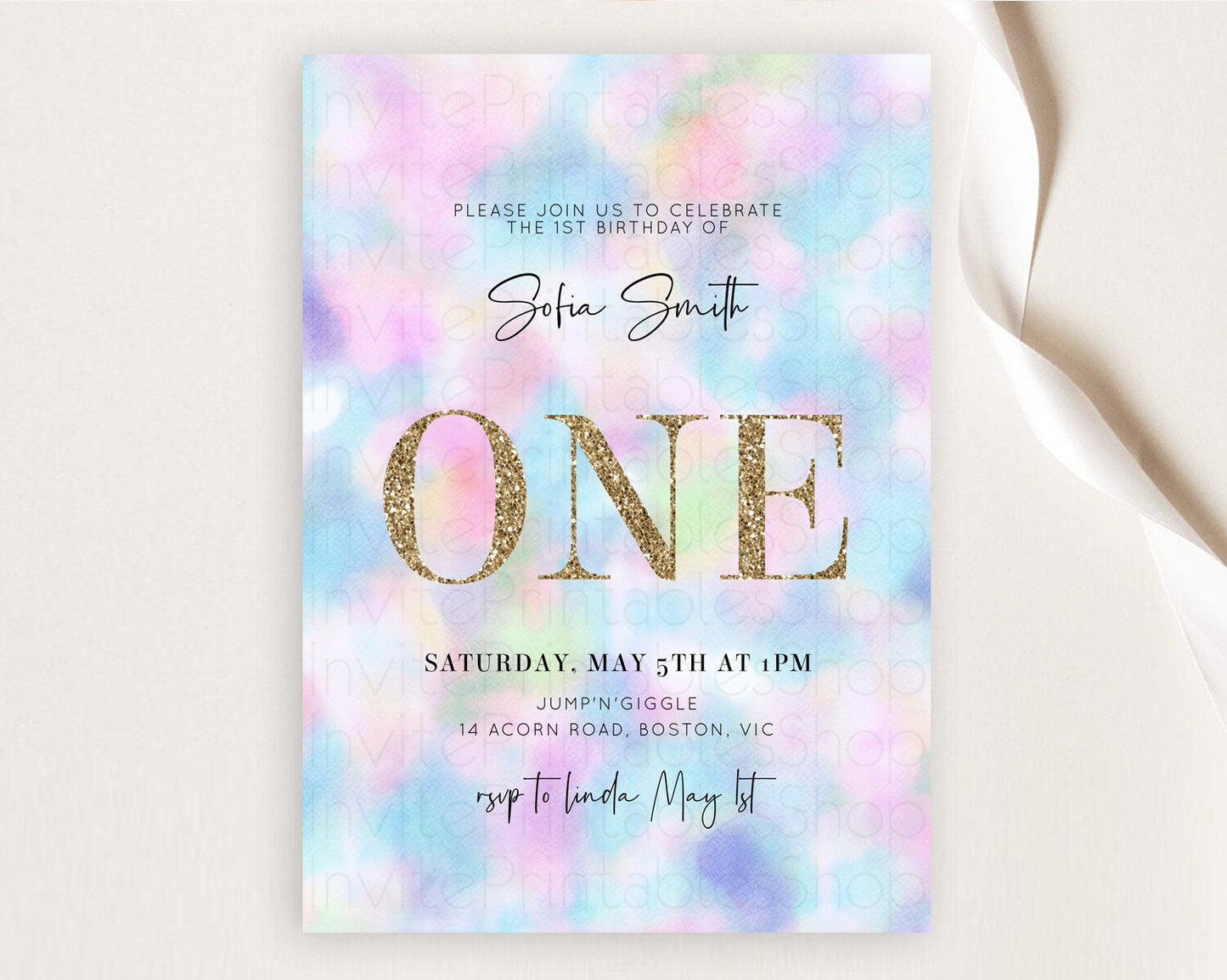 Rainbow Birthday Invitation Colorful Pastel Watercolor Invitation Gold Glitter Sprinkles Ombre Pastel 1st 2nd 3rd Birthday D10694
