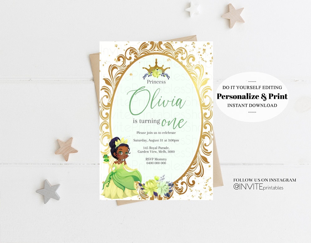 Princess Tiana Birthday Invitation Rose Crown Enchanted Castle Invitation Fairy Tale Mirror Mirror Gold Glitter Royal Celebration