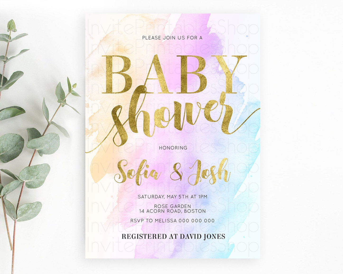 Pastel Baby Shower Invitation Rainbow Baby Shower Invitation Colorful Pastel Watercolor Invitation Gold Glitter Sprinkles Ombre D11027