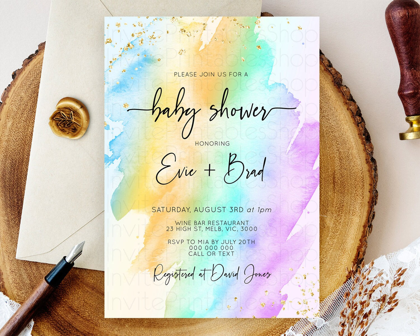 Pastel Baby Shower Invitation Rainbow Baby Shower Invitation Colorful Pastel Watercolor Invitation Gold Glitter Sprinkles Ombre D10425