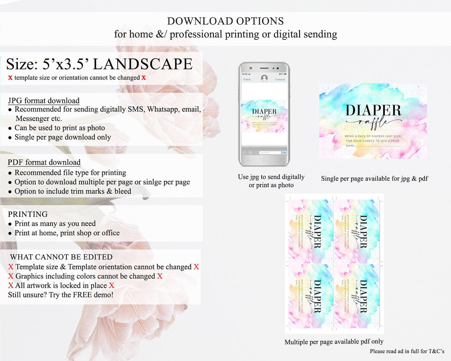 Pastel Diaper Raffle Card Pastel Rainbow Diaper Raffle Insert Colorful Ombre Watercolor Diaper Ticket Confetti Glitter Raffle Game D11020