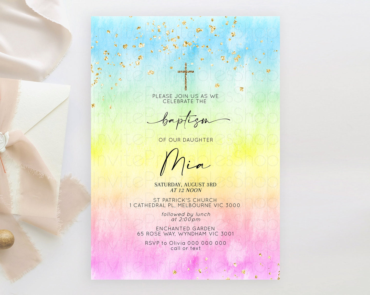 Pastel Baptism Invitation Pastel Colors Watercolor Baptism 1st Birthday Party Gold Ombre Pastel Rainbow Christening Holy Communion D10483