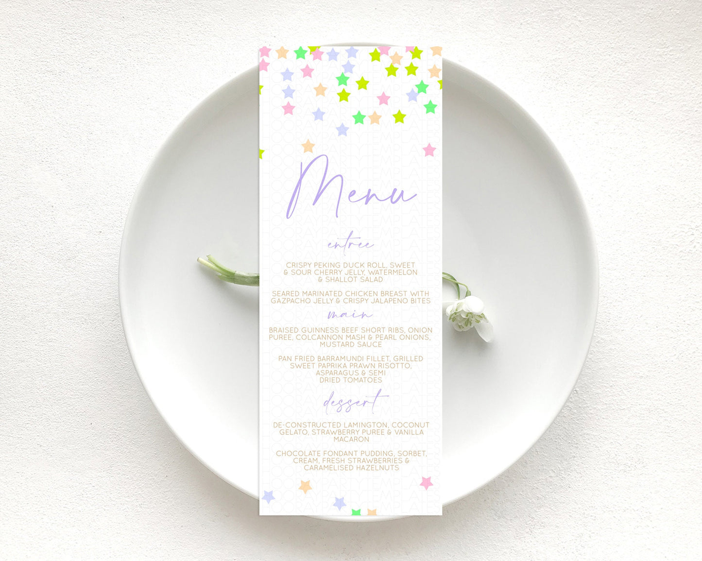 Star Menu Template Pastel Stars Menu Shooting Star Twinkle Little Star Decor Rainbow Colorful Confetti Dinner Dessert Food Menu D10396