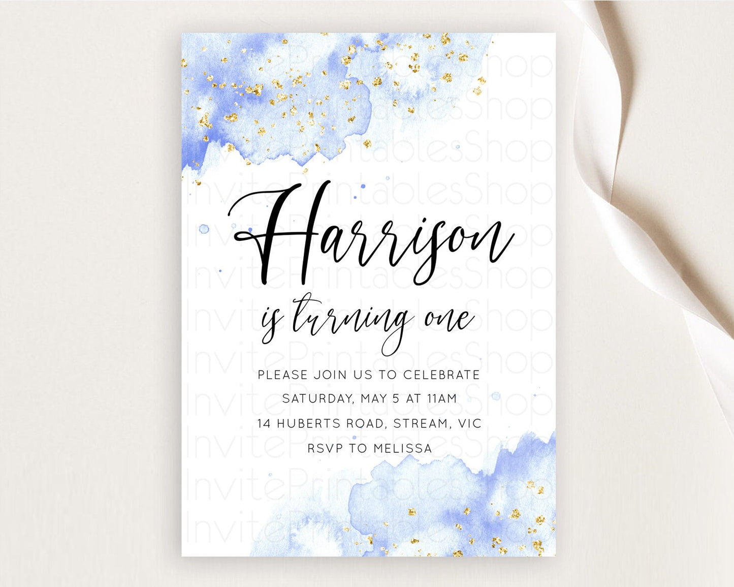 Blue Birthday Invitation Blue Watercolor Invitation Pastel Blue Watercolor Invitation Blue Splash Gold Invitation 1st First Birthday D10313