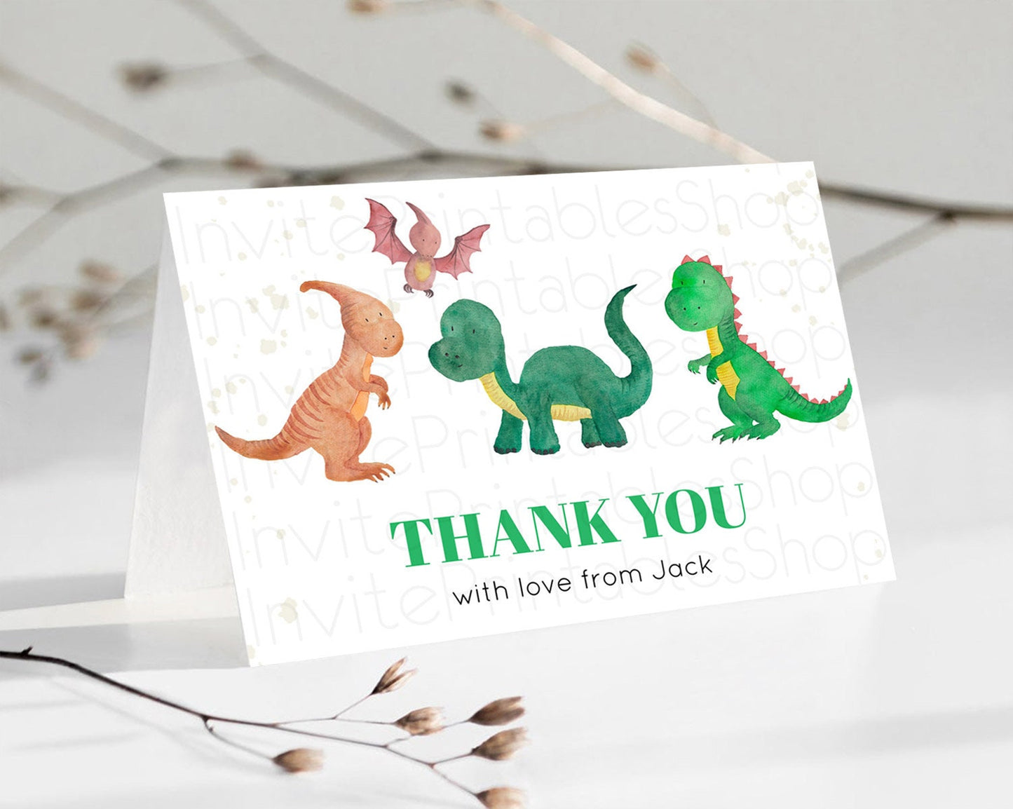 Dinosaur Thank You Dinosaur Volcano Thank You Card Dinosaur Birthday Card Watercolor Volcano T-Rex Raptor Jurassic Teacher Thank You D10153