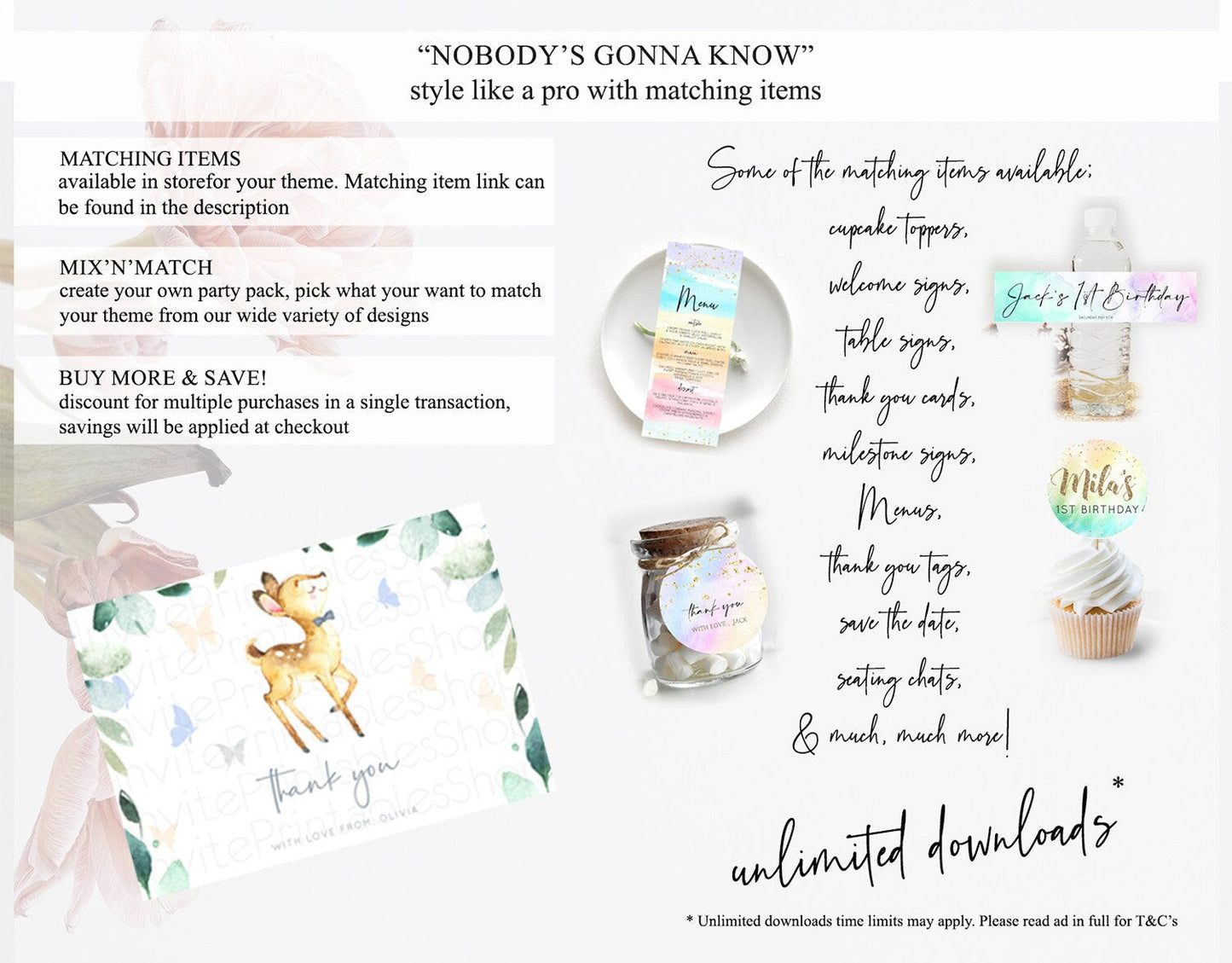 Fawn Thank You Deer Thank You Card Pastel Floral Deer Birthday Thank You Card Enchanted Forest Butterfly Deer Teacher Thank You Card D10767
