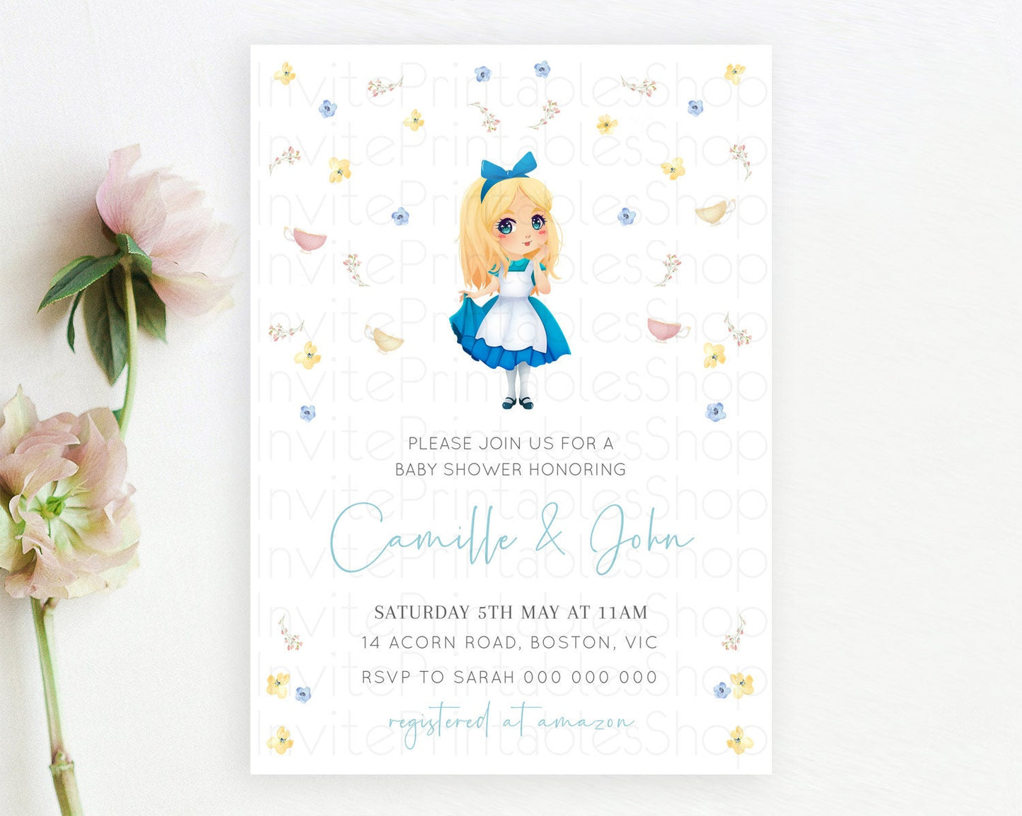 Wonderland Baby Shower Invitation- Garden Tea Party, Tea Cup, Blooms Botanical, Secret Garden Confetti Pastel Blue Yellow Pink Floral D10886