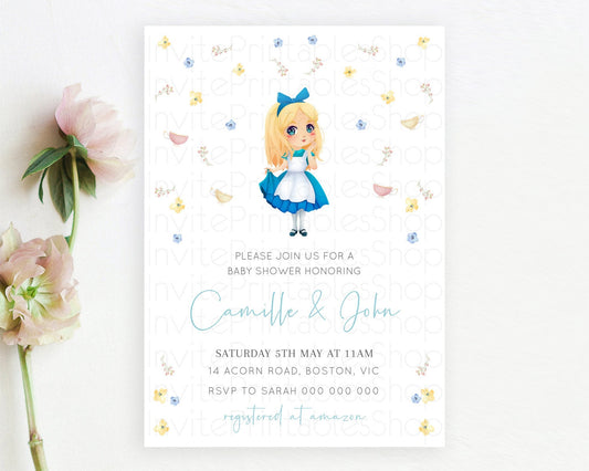 Wonderland Baby Shower Invitation- Garden Tea Party, Tea Cup, Blooms Botanical, Secret Garden Confetti Pastel Blue Yellow Pink Floral D10886