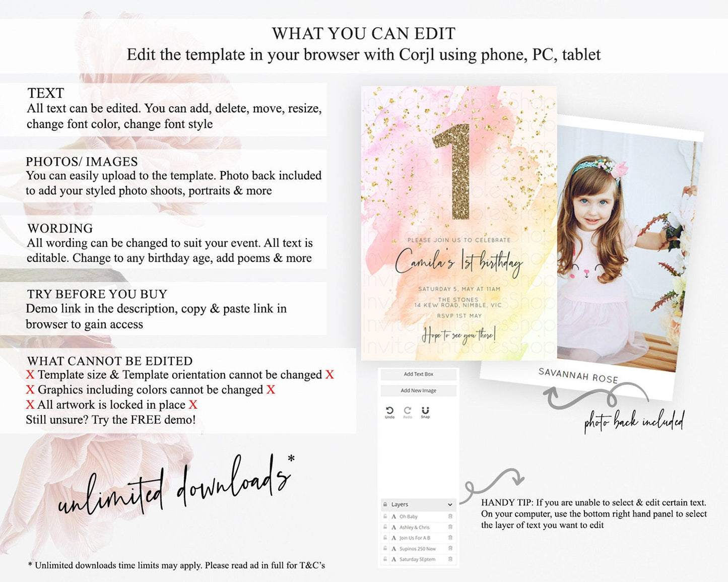 Pink Birthday Invitation pink Watercolor Invitation Pastel pink Watercolor Invitation pink Splash Gold Invitation 1st First Birthday D10167