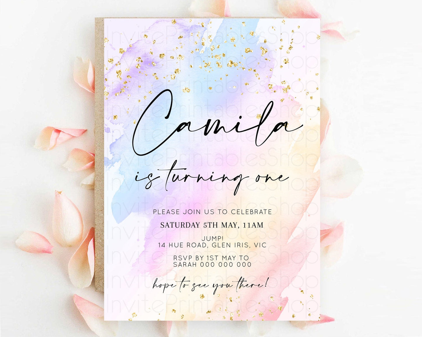 Rainbow Birthday Invitation Colorful Pastel Watercolor Invitation Gold Glitter Sprinkles Ombre Pastel 1st 2nd 3rd Birthday D10635