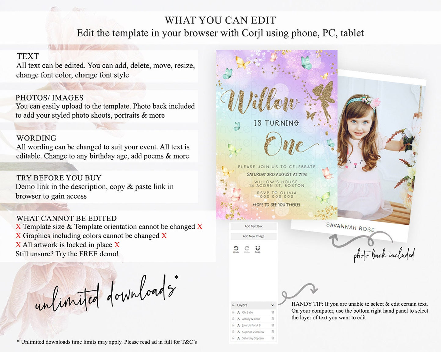 Pastel Fairy Birthday Invitation Pastel Butterflies Fairy Birthday Invitation Rainbow Ombre Watercolor 1st 2nd Birthday Invitation D23161