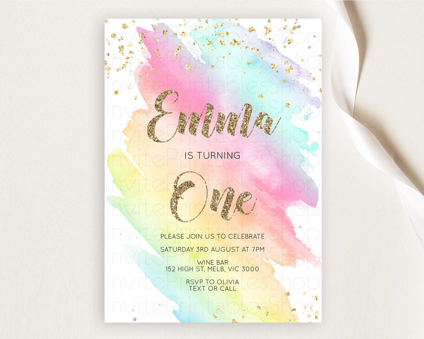Rainbow Birthday Invitation Colorful Pastel Watercolor Invitation Gold Glitter Sprinkles Ombre Pastel 1st 2nd 3rd Birthday D10495