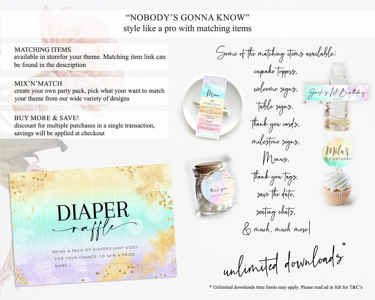 Pastel Diaper Raffle Card Pastel Rainbow Diaper Raffle Insert Colorful Ombre Watercolor Diaper Ticket Confetti Glitter Raffle Game D10672