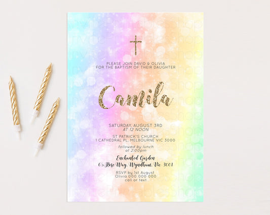 Pastel Baptism Invitation Rainbow Christening Invitation Holy Communion Invite Baptism 1st Birthday Sprinkles Ombre Watercolor Splash 604