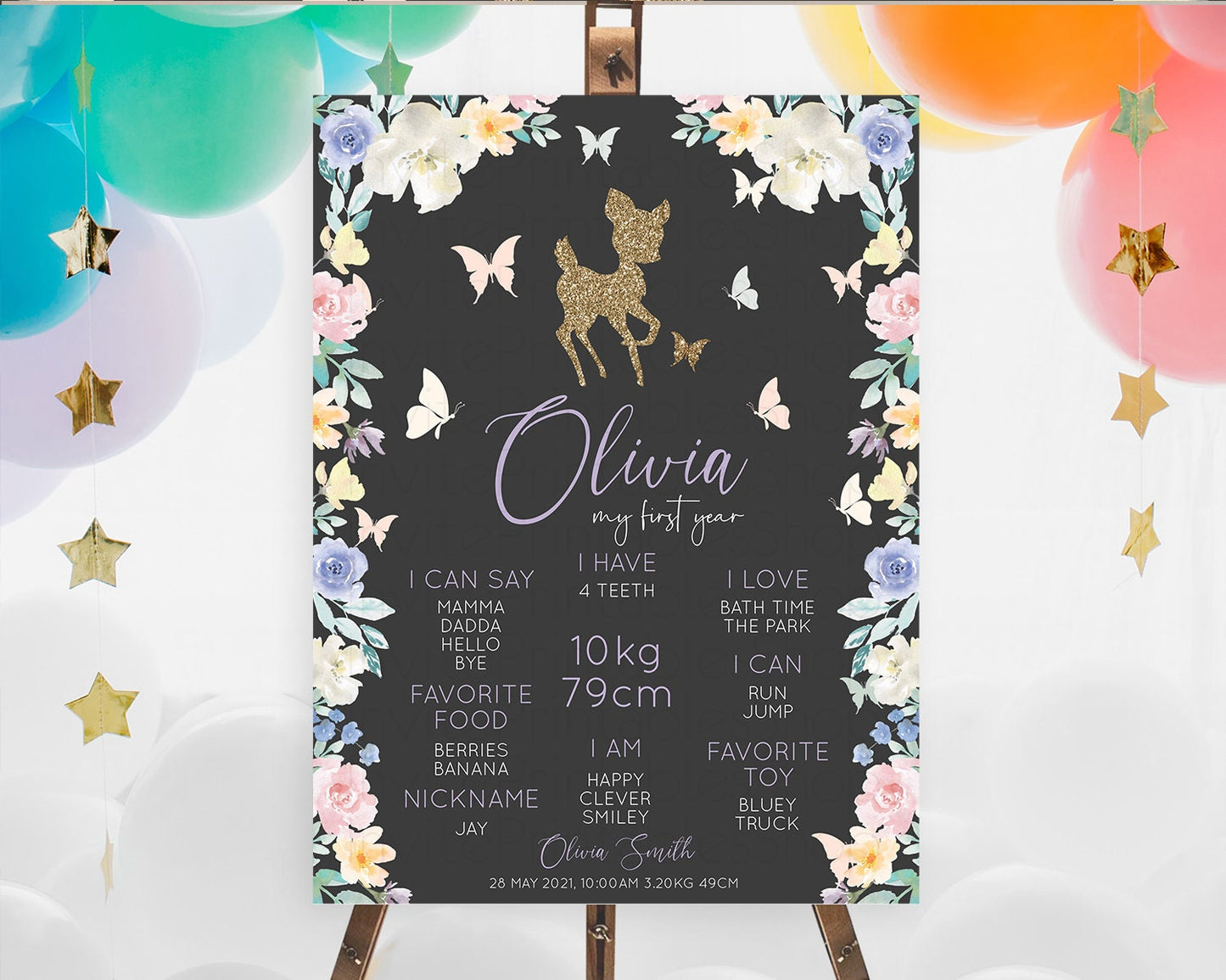 Fawn First Birthday Milestone Board Deer First Birthday Milestone Poster Enchanted Forest Butterfly Pastel Flowers 1st Birthday Sign D10323