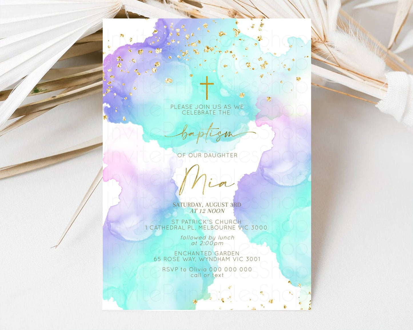 Blue Purple Baptism invitation Pastel Rainbow Christening Invite Ombre Clouds Watercolor Invite Glitter Gold Cross Religious Invite 191