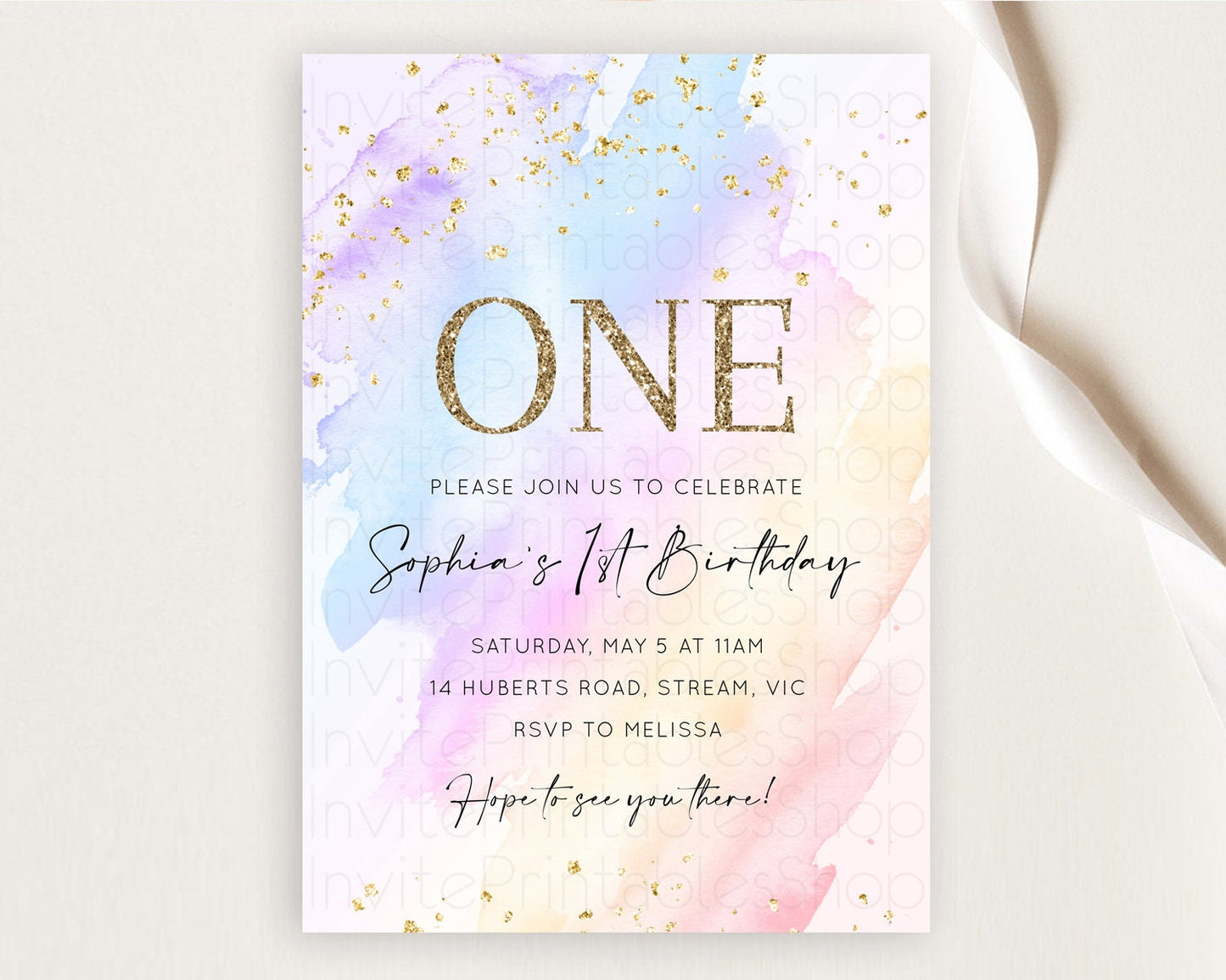 Rainbow Birthday Invitation Colorful Pastel Watercolor Invitation Gold Glitter Sprinkles Ombre Pastel 1st 2nd 3rd Birthday D10635