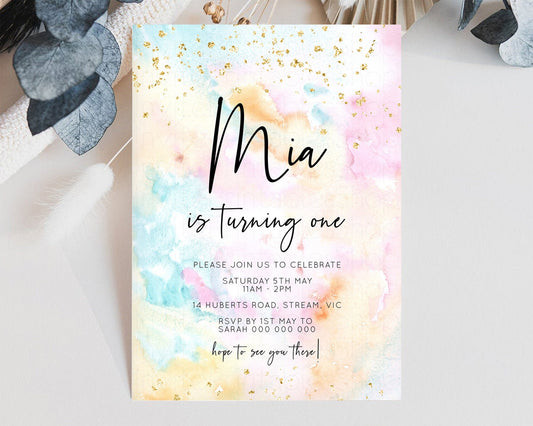 Rainbow Birthday Invitation Glitter Pastel Invitation Colorful Watercolor Gold Foil Splatter Sprinkles Ombre 1st 2nd 3rd Party Invite TC566