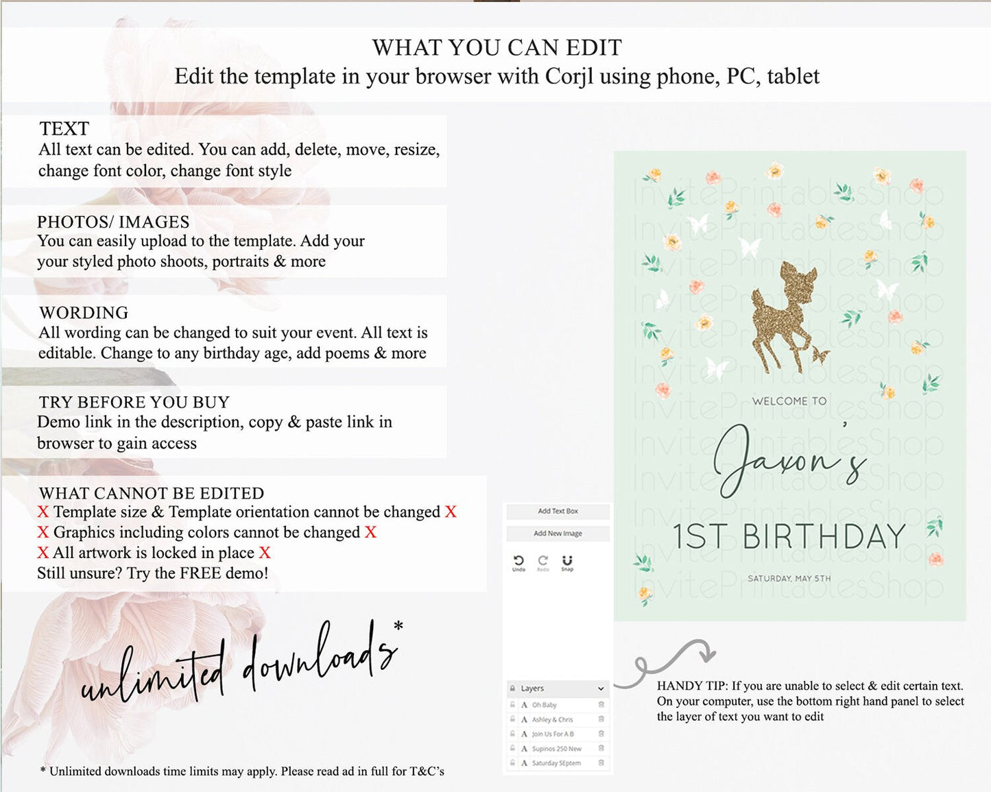 Fawn Welcome Sign Deer Welcome Board Floral Deer Welcome Poster Enchanted Forest Butterfly Pastel Floral First Birthday Welcome Sign D10385