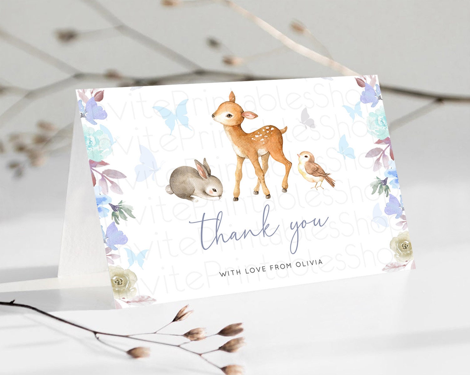Editable Fawn Thank You Deer Thank You Card Pastel Floral Deer Birthday Than