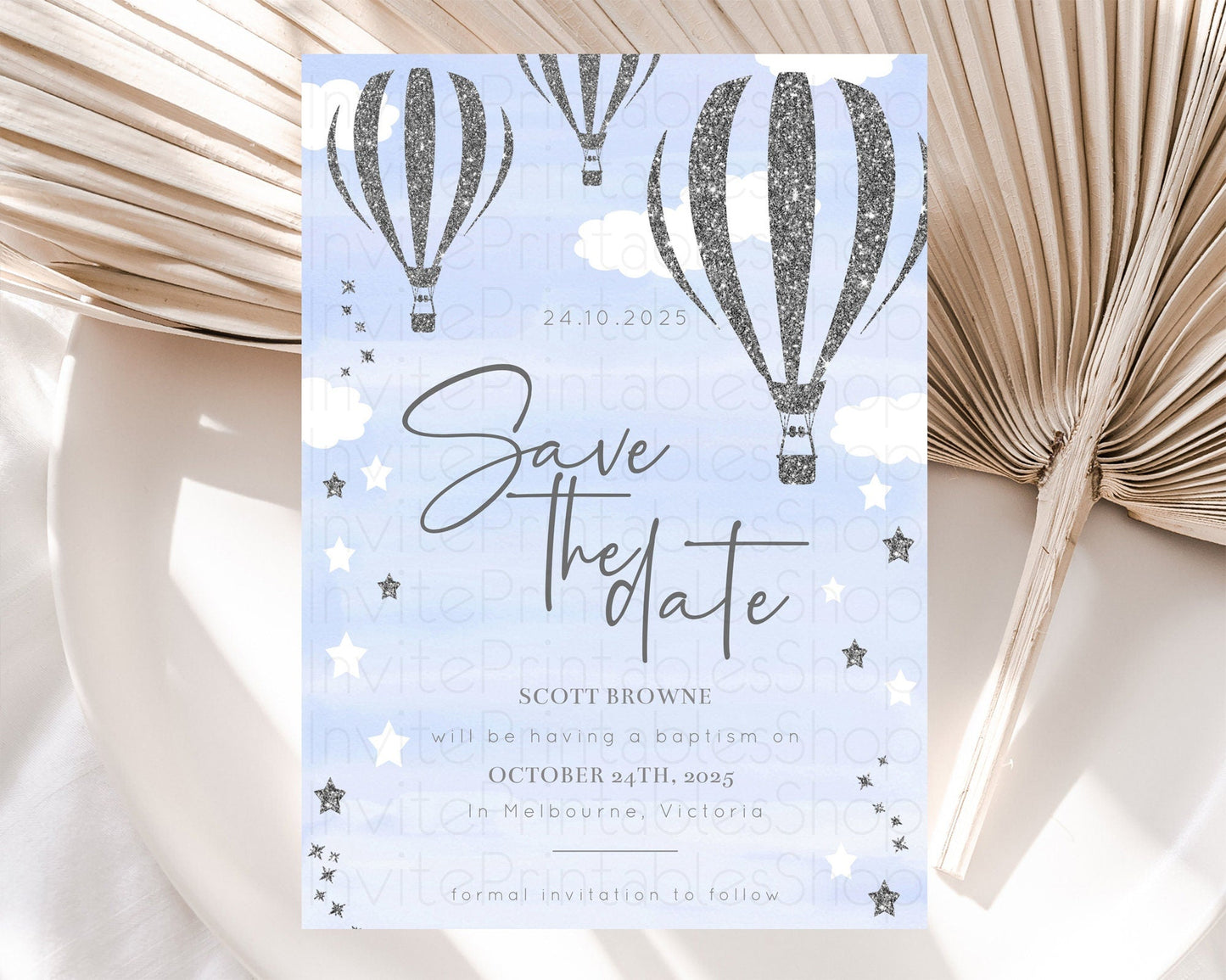 Hot Air Balloon Save The Date Template Adventure Awaits Mr. ONEderful Party 1st Birthday Baptism Baby Shower D10334