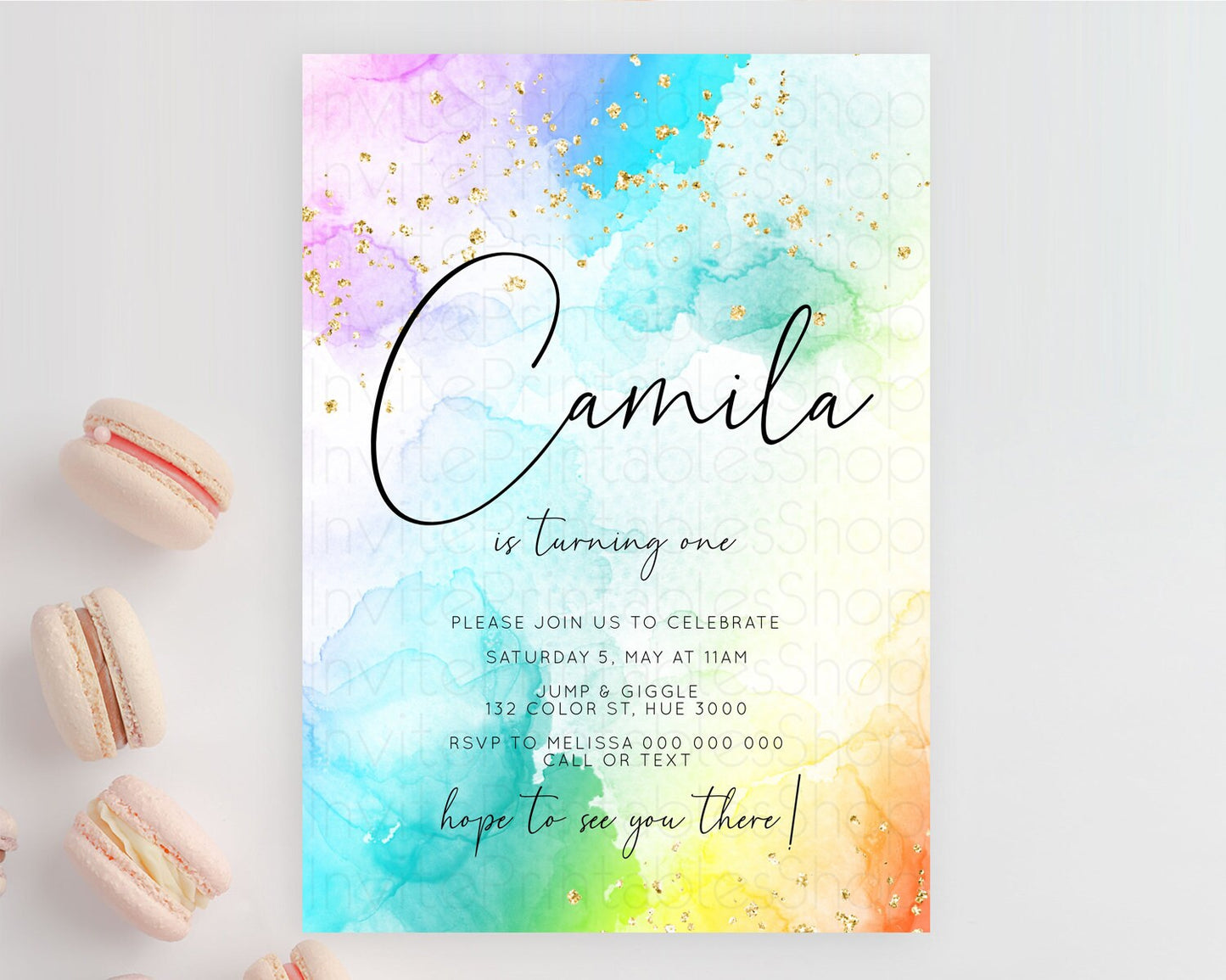 Rainbow Birthday Invitation Colorful Pastel Watercolor Invitation Gold Glitter Sprinkles Ombre Pastel 1st 2nd 3rd Birthday D10771