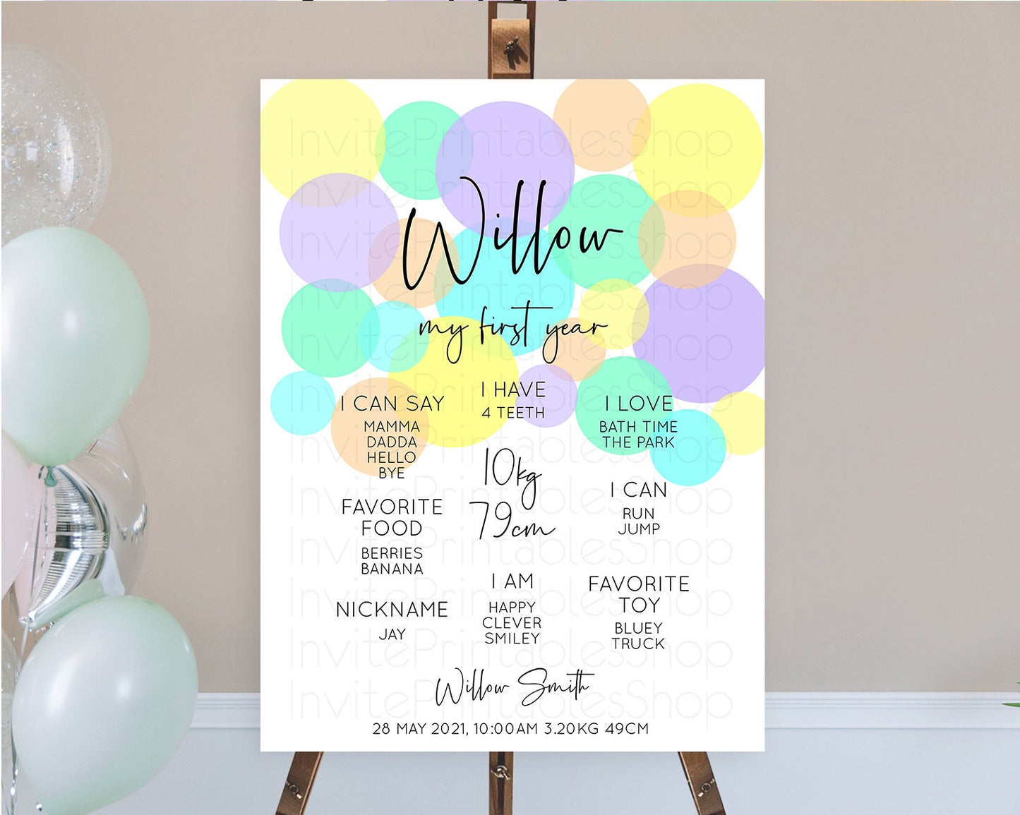 Pastel First Birthday Milestone Poster Pastel Rainbow Confetti First Birthday Milestone Board Colorful Bubbles Birthday Welcome Sign D10412