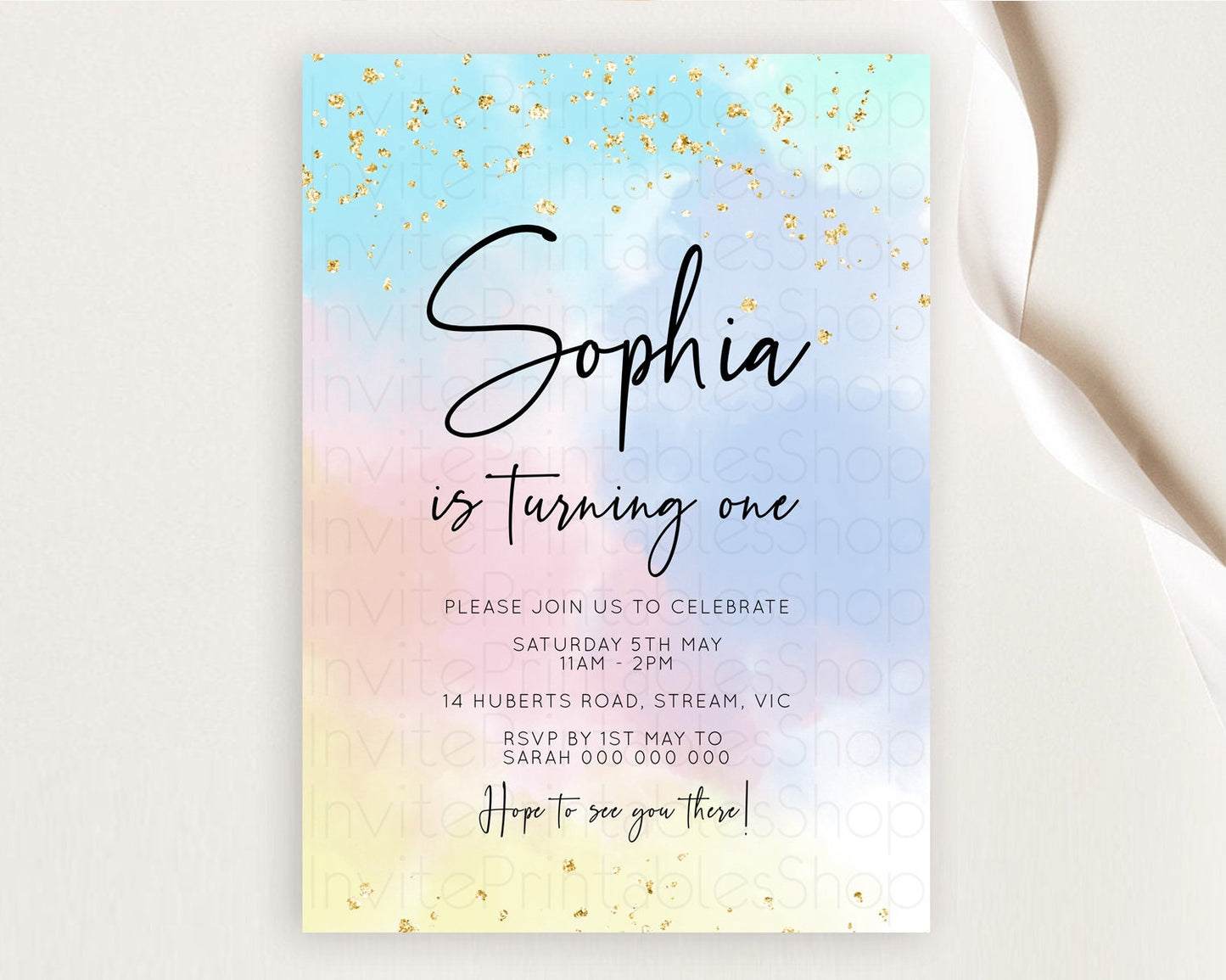 Rainbow Birthday Invitation Colorful Pastel Watercolor Invitation Gold Glitter Sprinkles Ombre Pastel 1st 2nd 3rd Birthday D10368