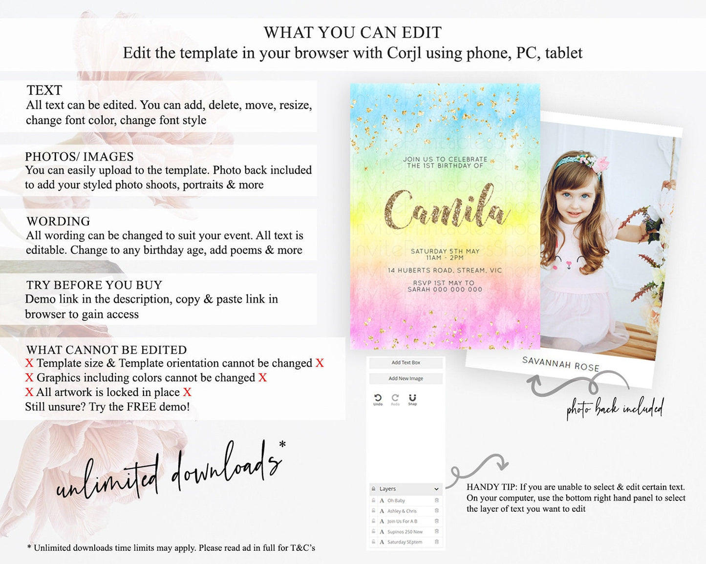 Rainbow Birthday Invitation Colorful Pastel Watercolor Invitation Gold Glitter Sprinkles Ombre Pastel 1st 2nd 3rd Birthday D10479