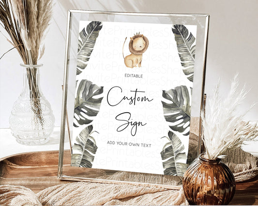 Editable Lion Table Sign Decor Lion Safari Adventure Party Dried Palm Ferns