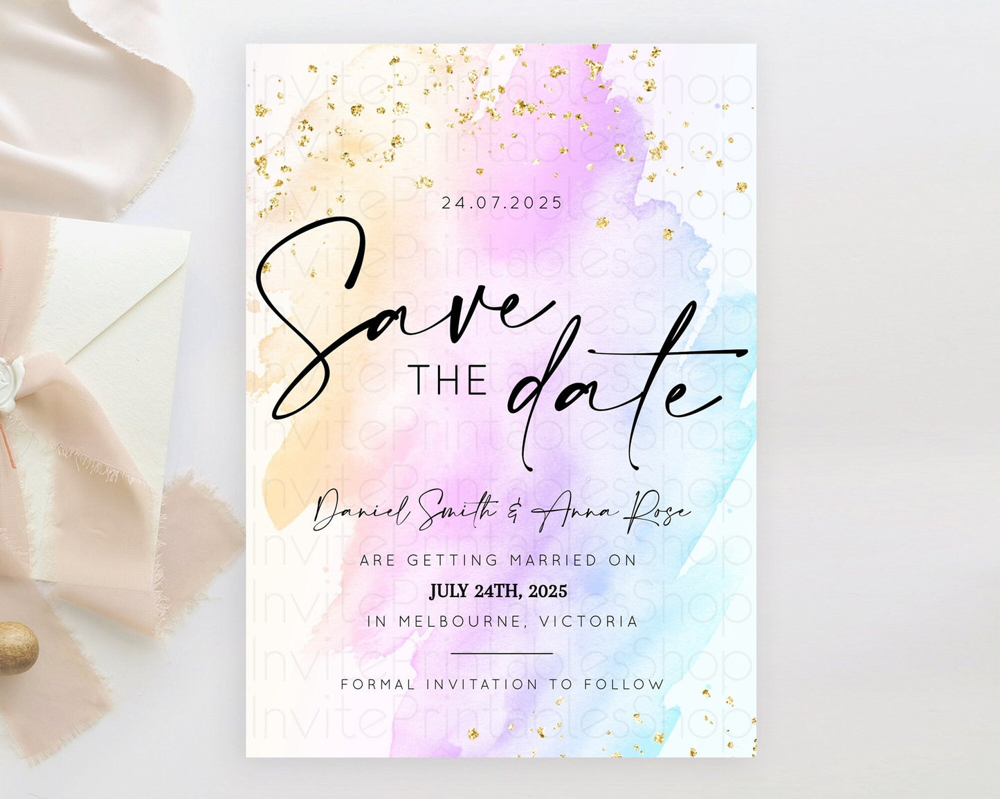 Pastel Save The Date Template Pastel Ombre Rainbow Watercolor Colorful Party For Birthday Baptism Baby Shower Wedding Bridal Shower D10175