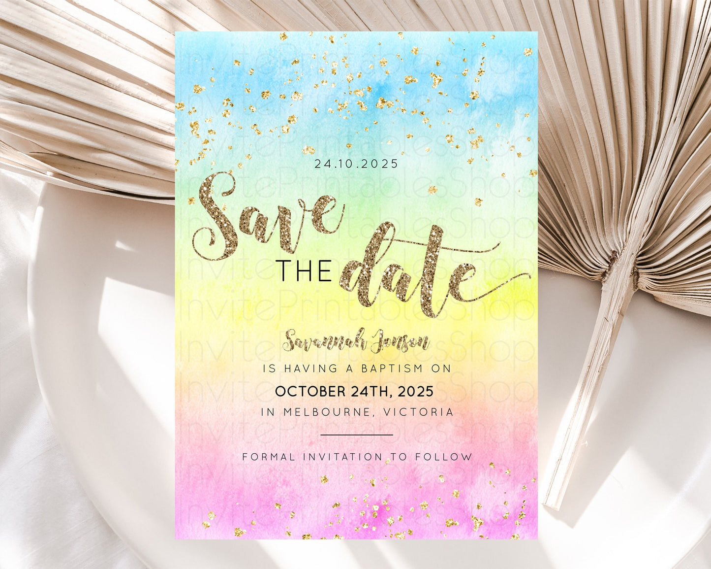 Pastel Save The Date Template Pastel Ombre Rainbow Watercolor Colorful Party For Birthday Baptism Baby Shower Wedding Bridal Shower D10479