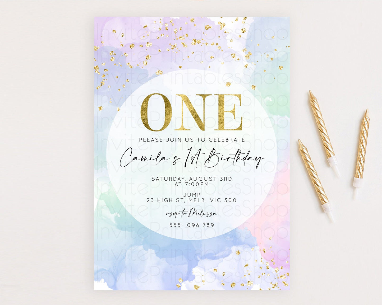 Rainbow Birthday Invitation Colorful Pastel Watercolor Invitation Gold Glitter Sprinkles Ombre Pastel 1st 2nd 3rd Birthday D10624