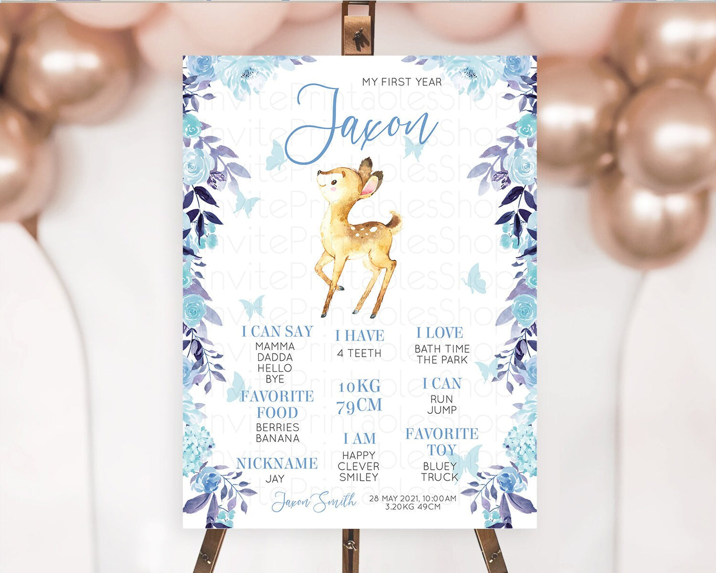 Fawn First Birthday Milestone Board Deer First Birthday Milestone Poster Enchanted Forest Butterfly Pastel Flowers 1st Birthday Sign D10917