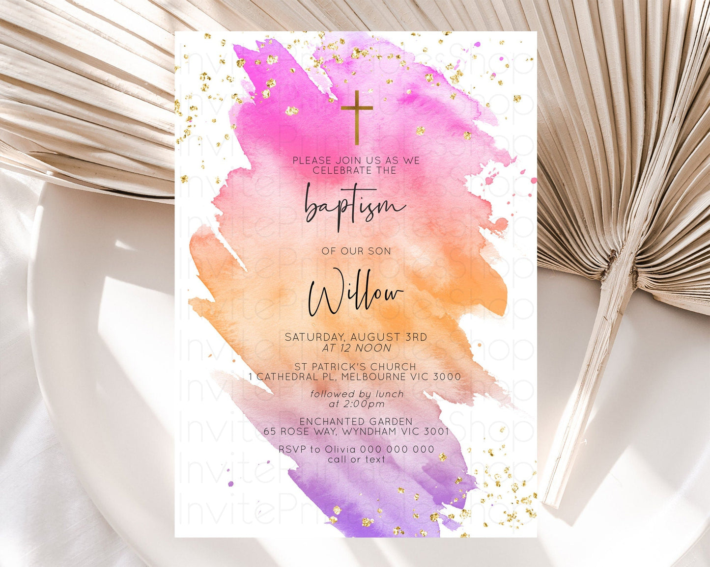 Pastel Baptism Invitation Pastel Colors Watercolor Baptism 1st Birthday Party Gold Ombre Pastel Rainbow Christening Holy Communion D10488