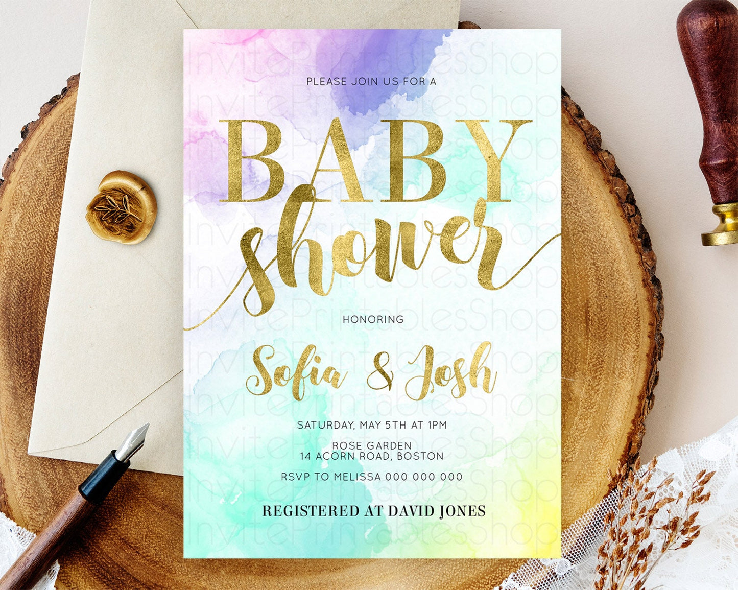 Pastel Baby Shower Invitation Rainbow Baby Shower Invitation Colorful Pastel Watercolor Invitation Gold Glitter Sprinkles Ombre D11024