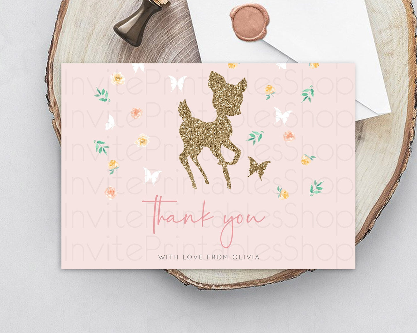 Fawn Thank You Deer Thank You Card Pastel Floral Deer Birthday Thank You Card Enchanted Forest Butterfly Deer Teacher Thank You Card D10386