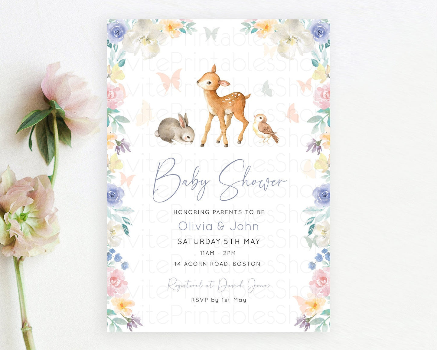 Enchanted Forest Baby Shower Invitation: Fawn, Bunny, Deer, Butterfly, Pastel Flowers, Whimsical Woodland, Pink, Blue, White Floral D10930