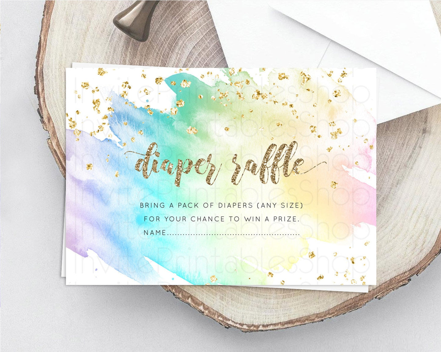 Pastel Diaper Raffle Card Pastel Rainbow Diaper Raffle Insert Colorful Ombre Watercolor Diaper Ticket Confetti Glitter Raffle Game D10259