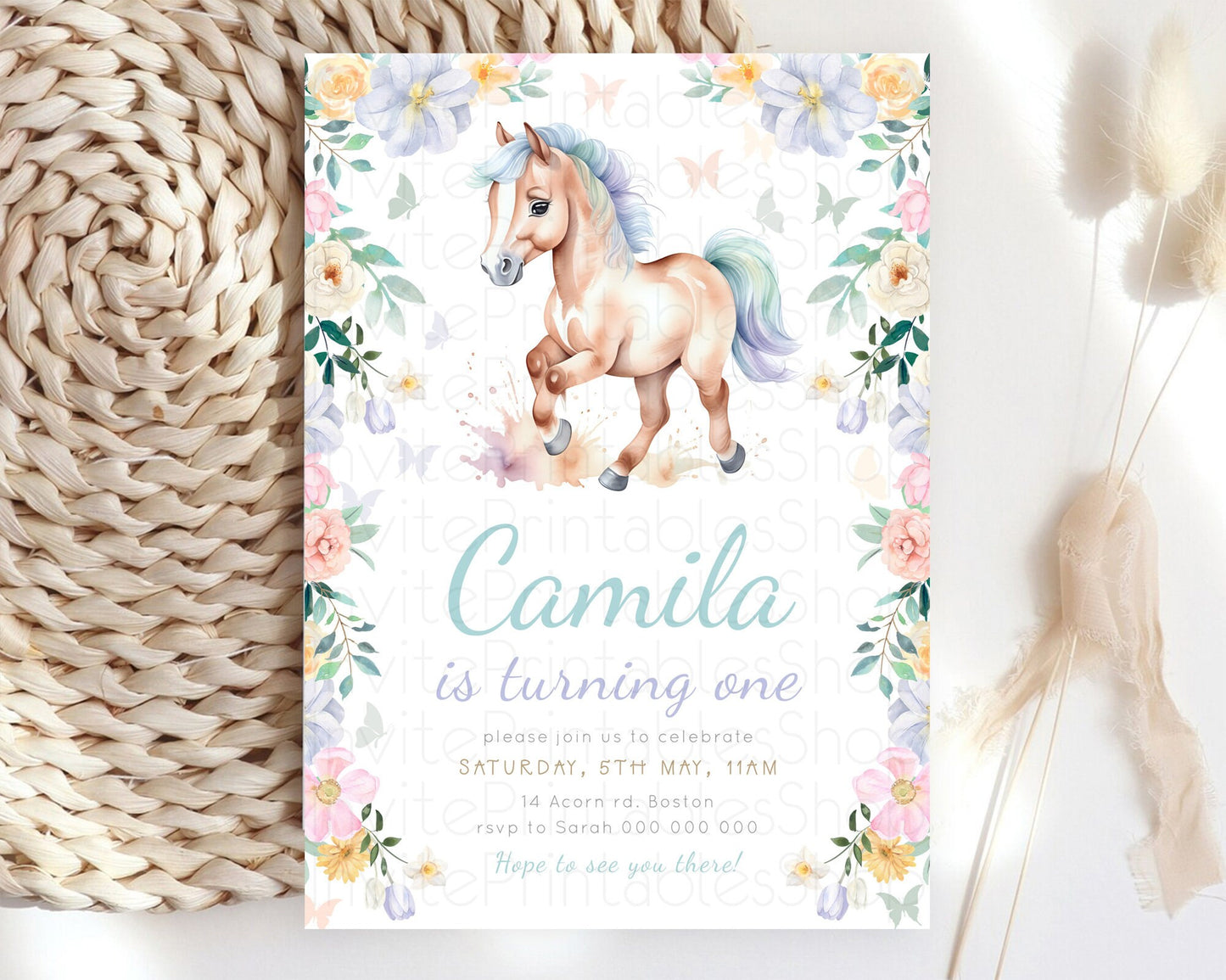 Horse Birthday Invitation, Galloping Wildflower Fields, Pastel Flowers, Butterflies, Flowers Accents for Equestrian & Cowgirls d23383