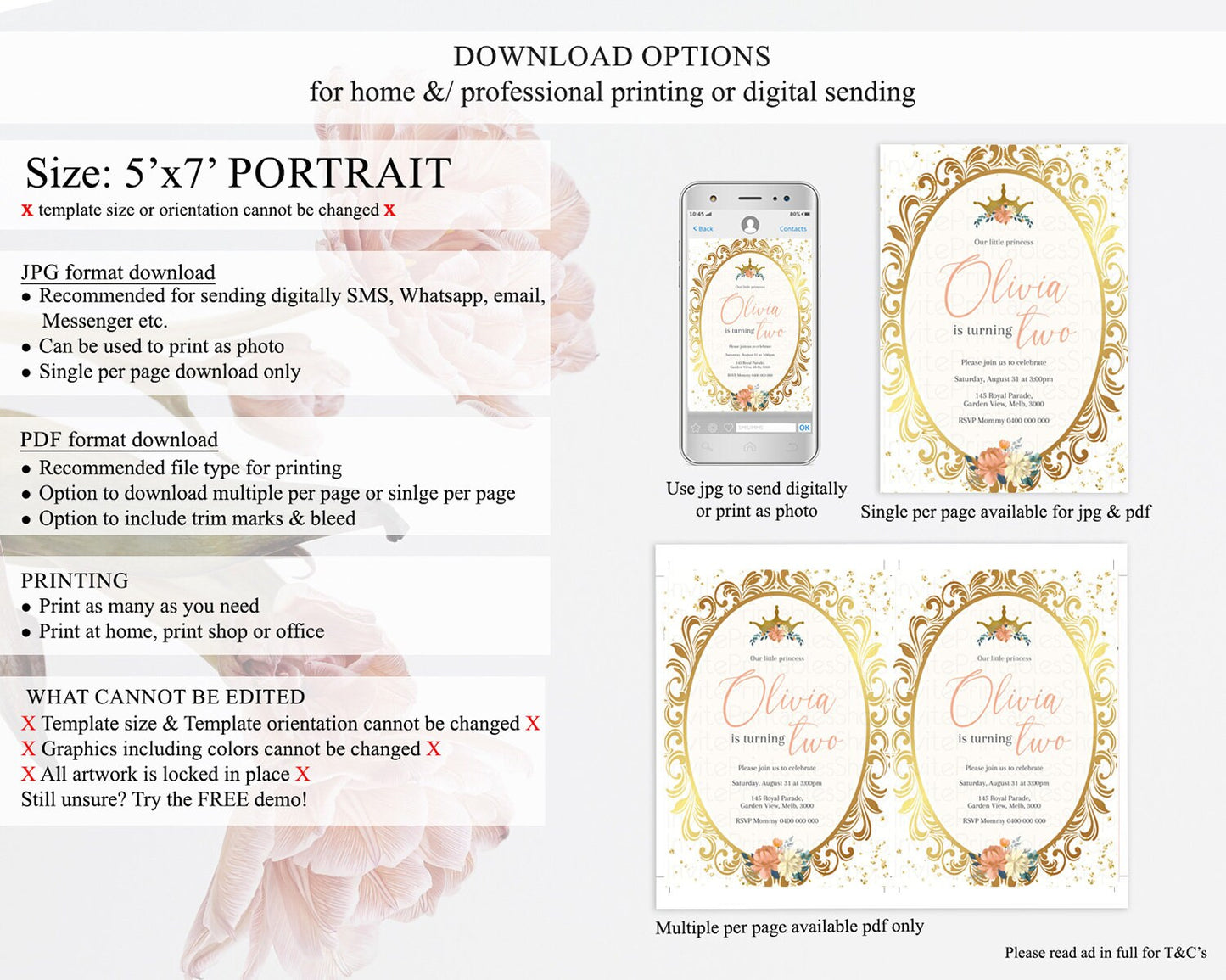 Princess Birthday Invitation Castle Invitation Royal Birthday Fairy Tale Enchanted Mirror Pastel Floral Garden 1st First Birthday D10739
