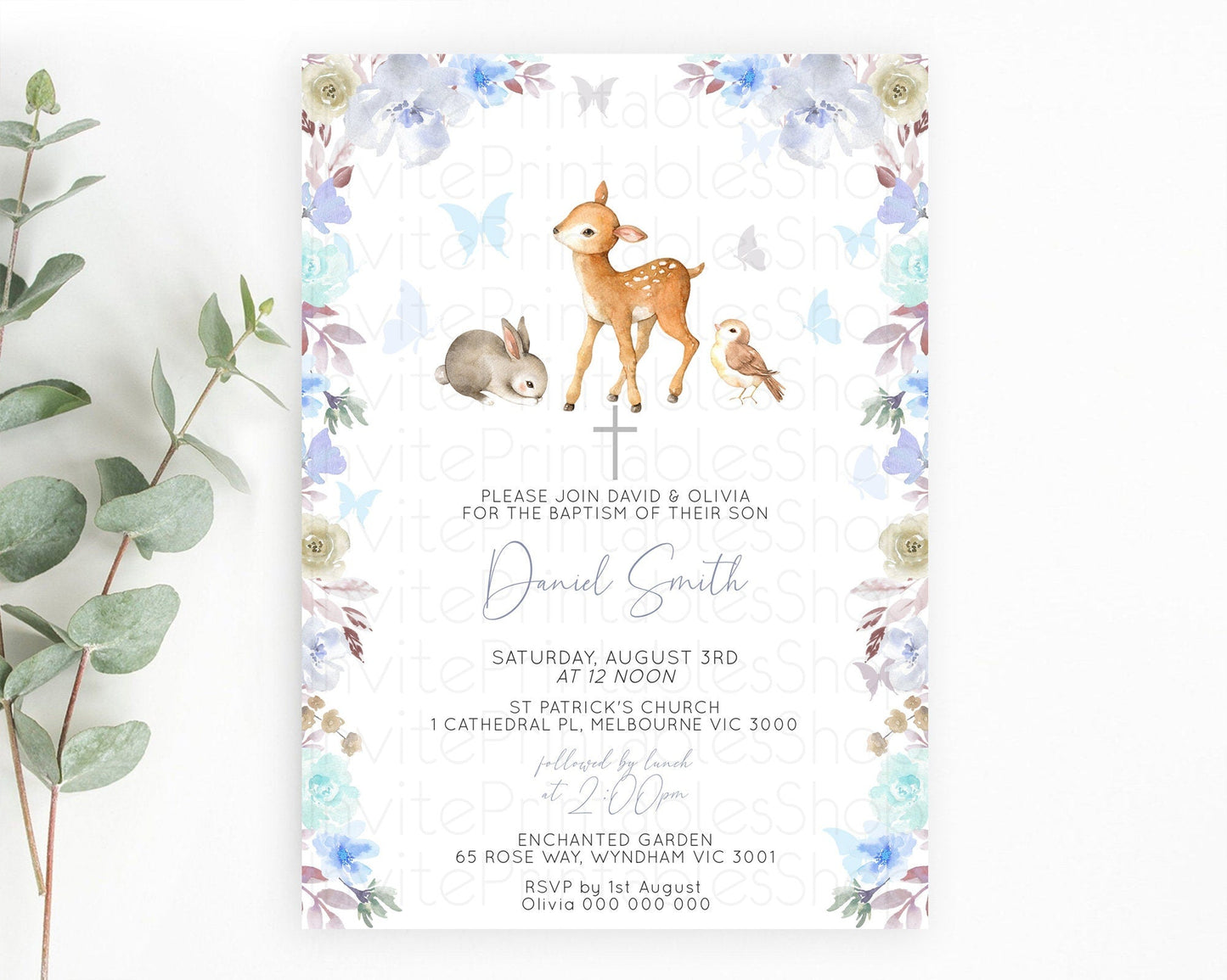 Fawn Baptism Invitation Deer Baptism 1st Birthday Invitation Enchanted Forest Christening Invitation Pastel Garden Butterfly Floral D10929