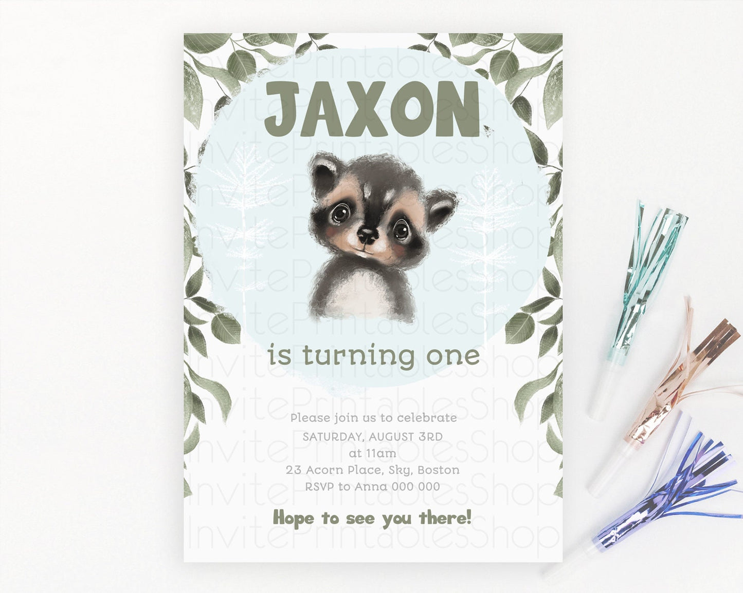 Raccoon Birthday Invitation Raccoon Invite Enchanted Forest Adventure Birthday Woodland Invitation Baby Raccoon 1st First Birthday D10100