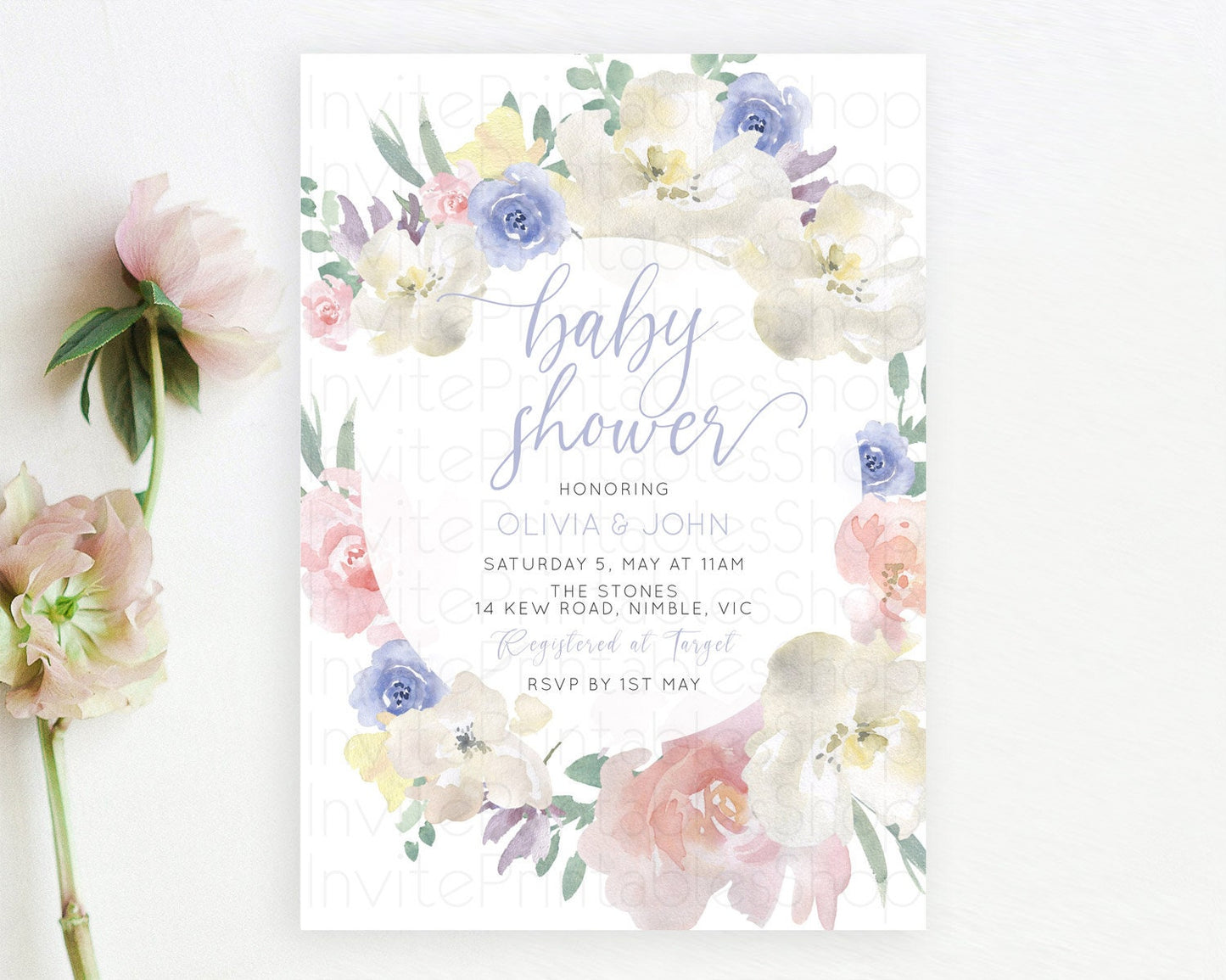 Wildflower Baby Shower Invitation, Secret Garden with Pastel Flowers, Botanical - Soft Organic Pink, Blue, and White Floral Theme D10841