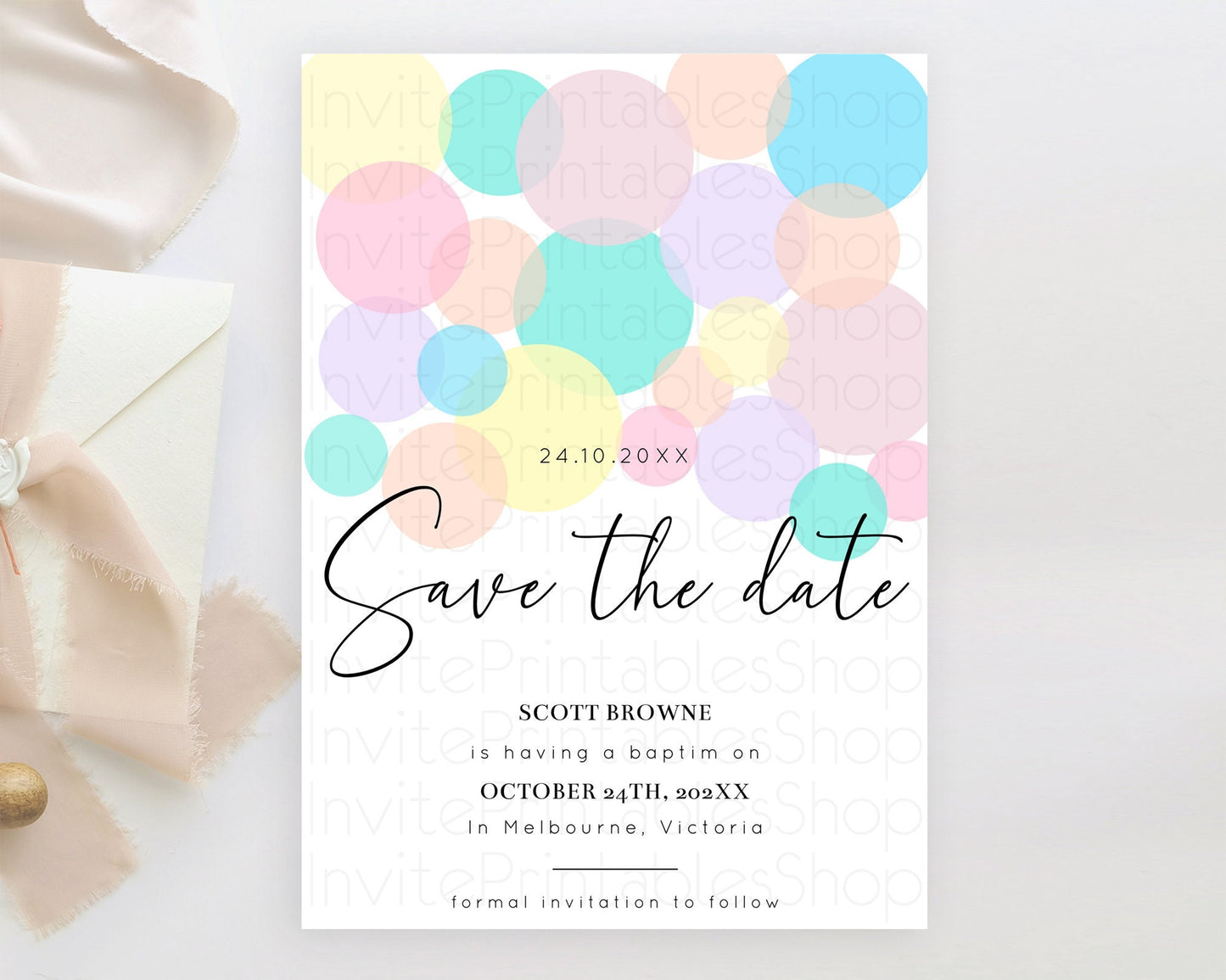 Pastel Confetti Save The Date Template Rainbow Colorful Sprinkles Party For 1st Birthday Baptism Baby Shower Wedding Bridal Shower D10784