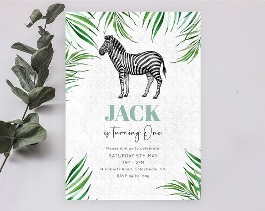 Zebra Birthday Invitation Zebra Invite Jungle Safari invite Watercolor Tropical Palm Invite Adventure Zoo Party Wild Animal Party D10844