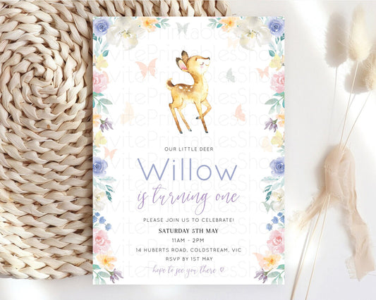 Fawn Birthday Invitation Deer Birthday Invitation Enchanted Forest Party Butterfly Pastel Flowers Whimsical 2nd 1st First Birthday D11001