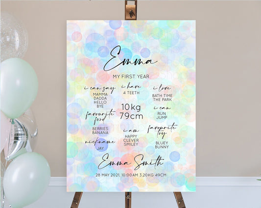 Pastel First Birthday Milestone Board Bubble Bath Milestone Poster Pastel Bubbles Colorful Confetti First Birthday Milestone Welcome D10446